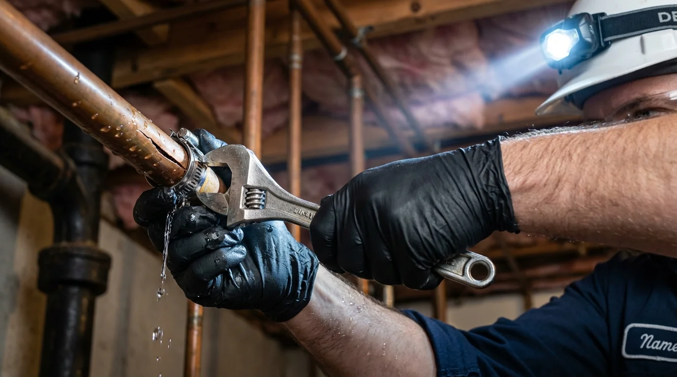 Emergency pipe clamp repair being performed by a Johns Plumbing LLC plumber in Santa Monica