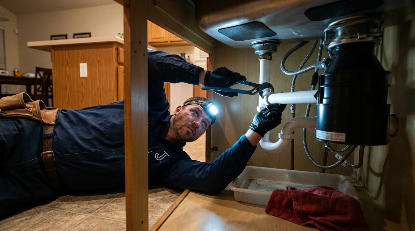 P-trap and supply line connections under a kitchen sink showing a common leak point in Santa Monica, CA